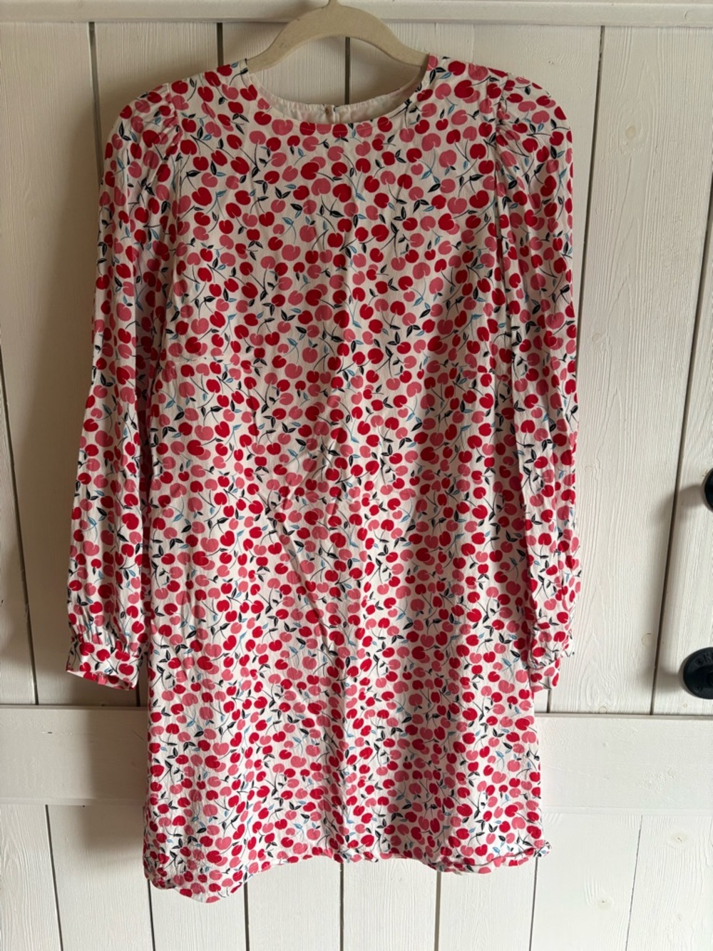 LOFT Cherry-Print Long Sleeve Midi Dress in White and Red